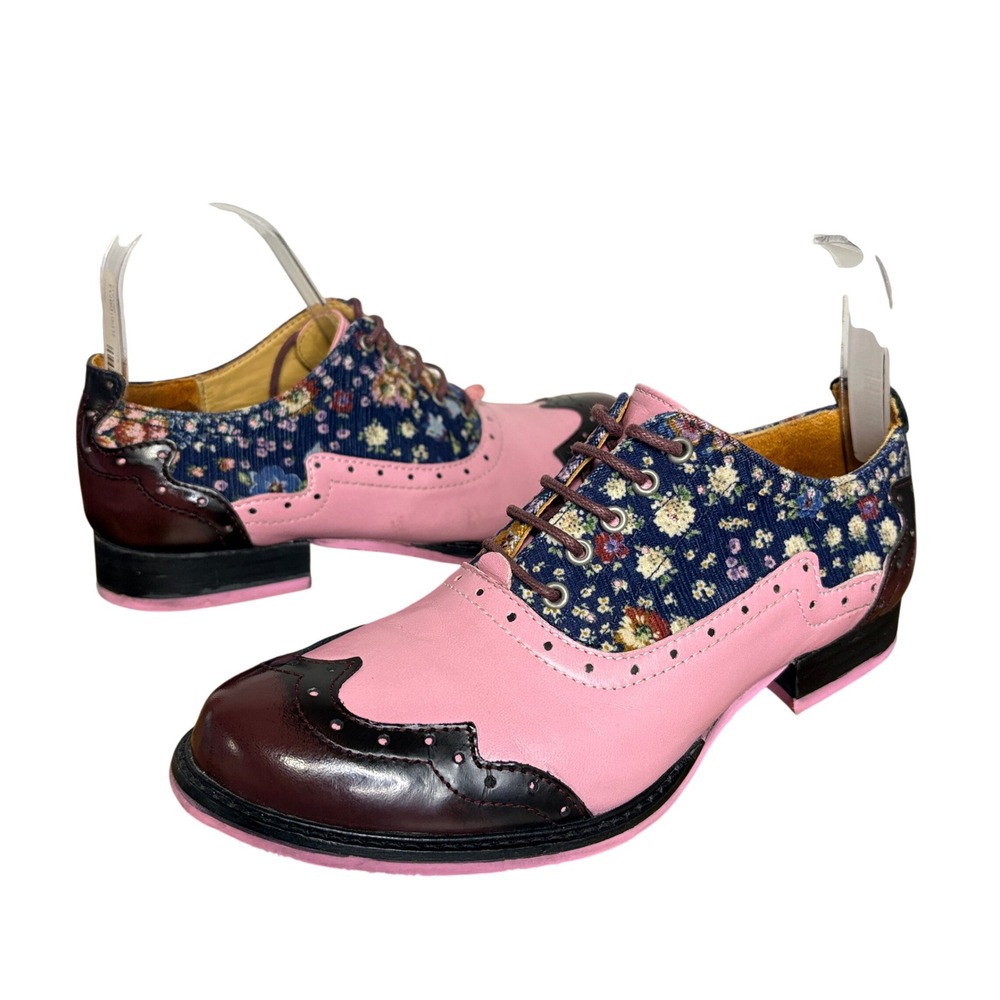 John Fluevog Women 7 Biblio Cole Oxford Shoes Pink Floral Wingtip Leather Brogue